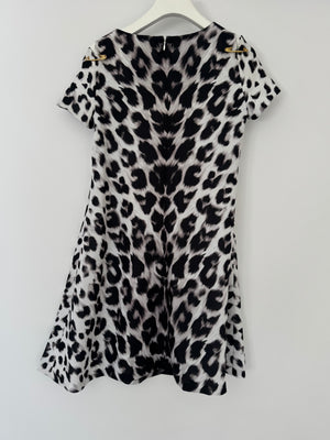 Versus Versace Black, White Leopard Print Dress with Gold Pin Detail Size IT 38 (UK 6)