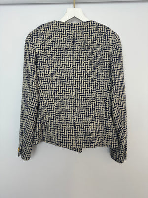 Chanel White and Navy Tweed Double Breasted Jacket with Gold Flower Button Detail FR 36 - 38 (UK 8 - 10)