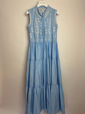 Giambattista Valli Light Blue and White Floral Embroidered Tiered Midi Dress with White Button Details Size IT 38 (UK 6)