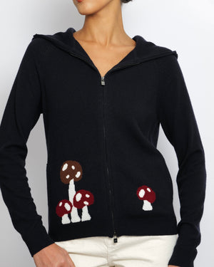 Loro Piana Navy Baby Cashmere Ribbed Long-Sleeved Hooded Gilet with Mushrooms and Fox Print Size IT 40 (UK 8)