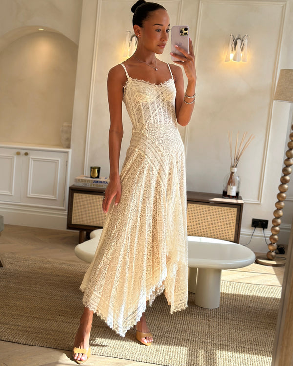Alexander McQueen Cream Lace Midi Dress Silk with Corset Top Lace Size FR 36 (UK 8)