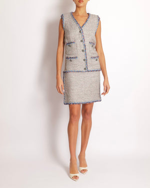 Chanel Spring 2014 Silver Metallic Sleeveless Tweed Mini Dress with Blue and Pink Details with Silver Beaded CC Logo Buttons Size FR 34 (UK 6)