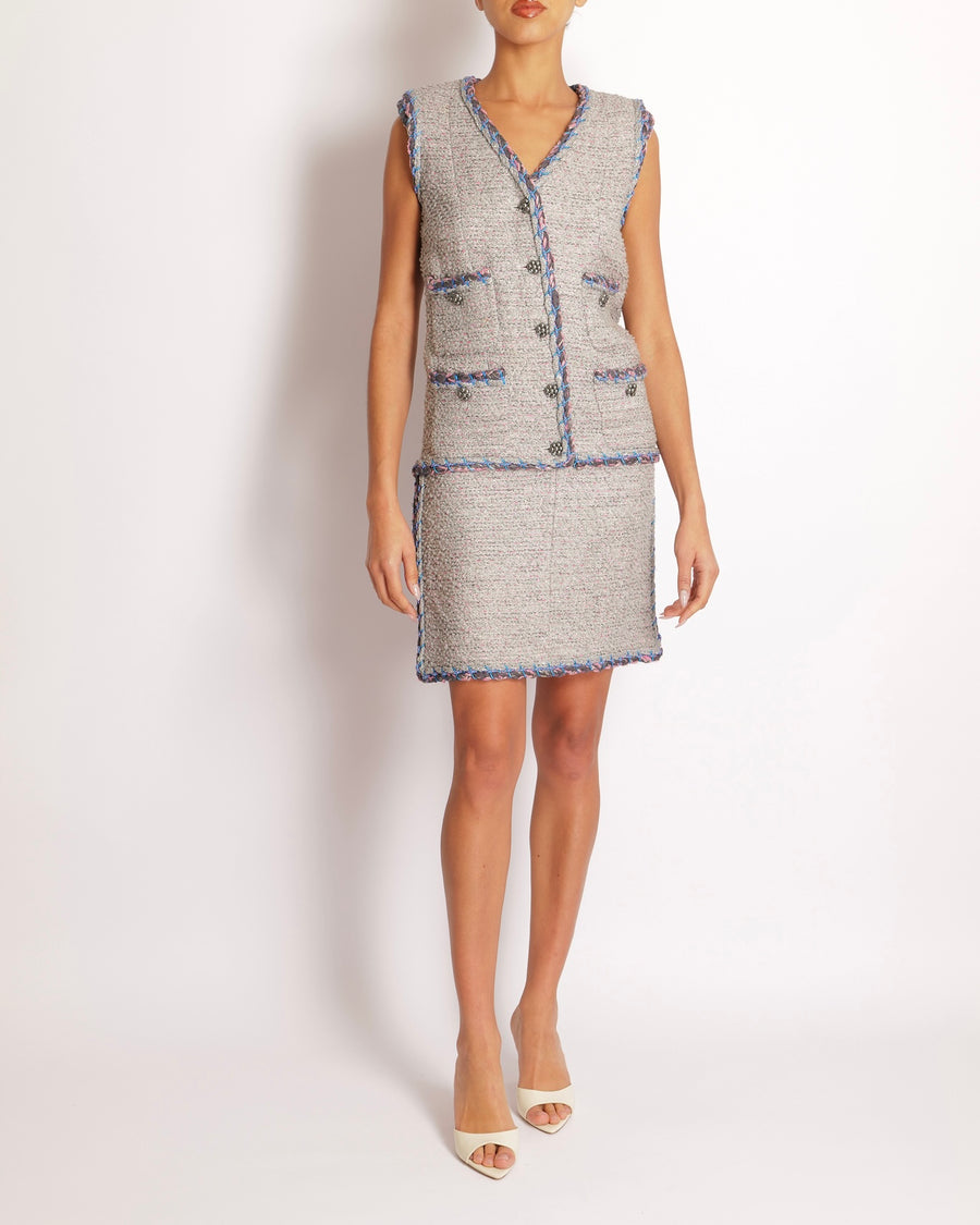 Chanel Spring 2014 Silver Metallic Sleeveless Tweed Mini Dress with Blue and Pink Details with Silver Beaded CC Logo Buttons Size FR 34 (UK 6)