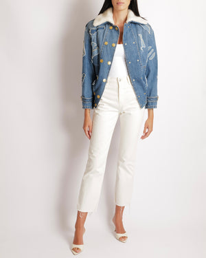 Chanel Métiers d’Art 2019 Blue Denim Jacket with Faux Fur Lining and Patchwork Details with Gold Cat CC Logo Buttons Size FR 34 (UK 6)