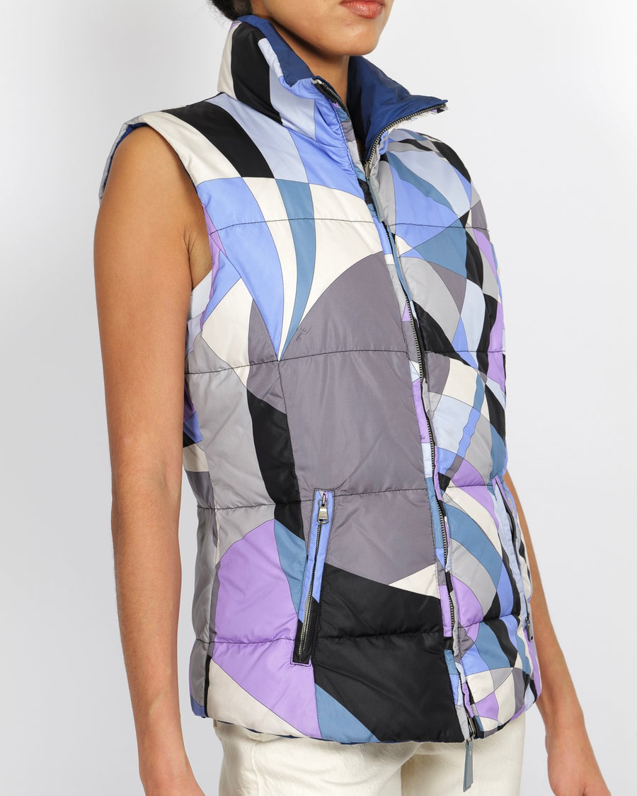 Emilio Pucci Purple and Multi-Colour Reversible Sleeveless Puffer Jacket with Abstract Pattern Size IT 44 (UK 12)