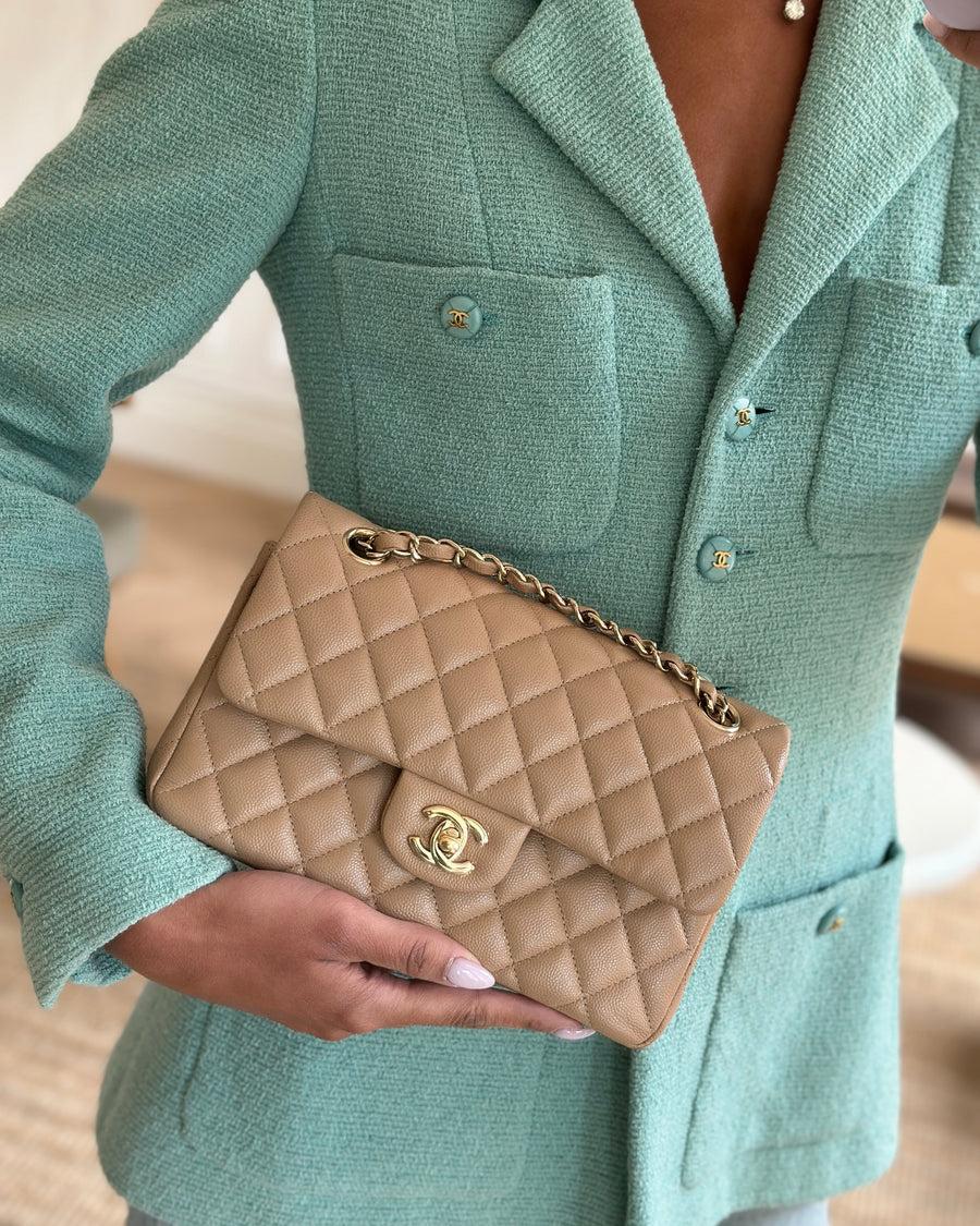 *HOT & RARE* Chanel Caramel Small Classic Double Flap Bag in Caviar Leather with Champagne Gold Hardware