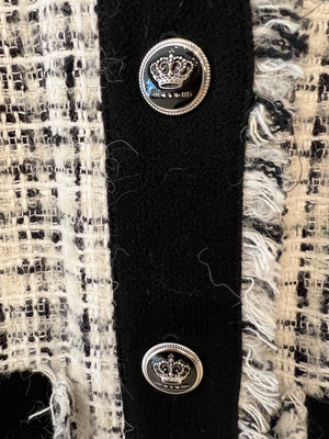 Dolce & Gabbana Black and White Tweed Jacket with Fringe Trim and Silver Crown Buttons Size IT 42 (UK 10)