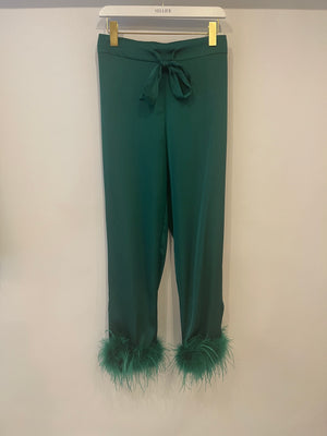 Nadine Merabi Green Satin Top and Trousers Set with Feather Trim Detail and Crystal Buttons Size UK 6/8