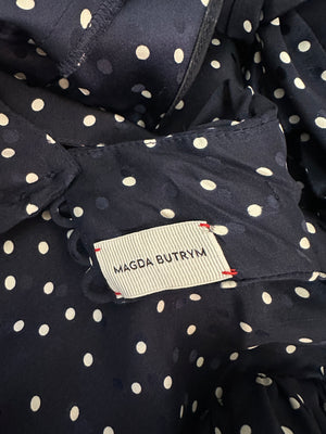 Magda Butrym Navy and White Long Sleeve Polka Dot Silk Blouse with High Neck and Back Tie Size FR 34 (UK 6)