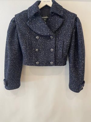 *HOT* Chanel 2025 Métiers d'Art Runway Navy Tweed Cropped Jacket with Crystal Embellished Button Details Size FR 34 (UK 6) RRP £6,250