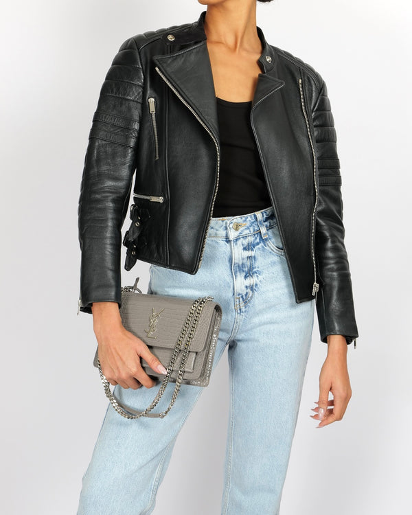 Céline Black Sheepskin Leather Jacket with Silver Zipper and Buckles Details Size FR 40 (UK 12)