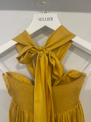 Zimmermann Yellow Asymmetric Gathered Silk-Voile Halterneck Midi Dress Size 0 (UK 8) RRP £1,520