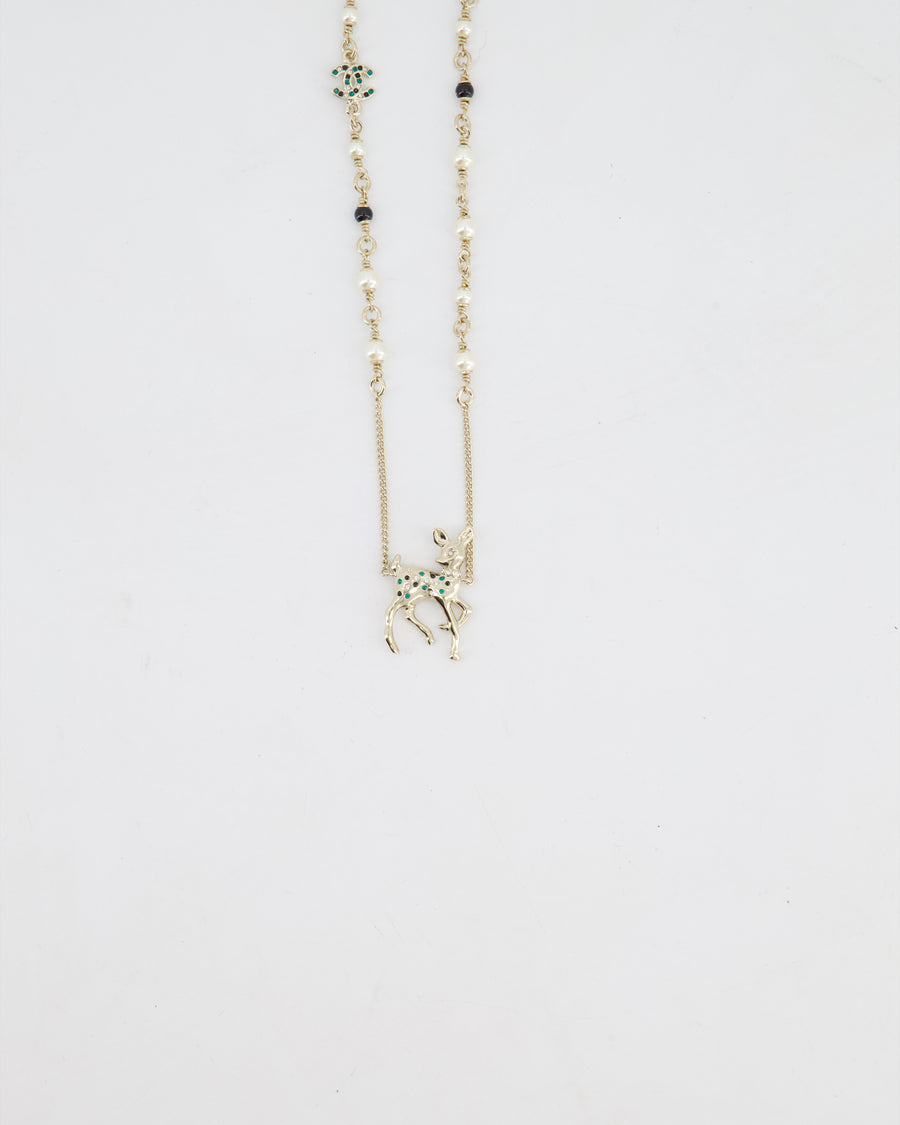 Chanel Champagne Gold CC Pearl Necklace with Bambi Pendant
