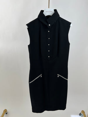 Chanel Black Sleeveless Wool Midi Dress with Crystal CC Zip Detail and Crystal Buttons Size UK 10