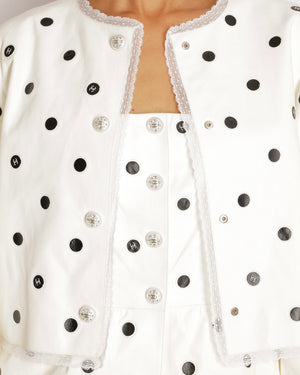 Chanel 23S White and Black Lambskin Leather Polka Dot Cropped Jacket with Lace Trims and Crystal Embellished Pearl CC Logo Buttons Size FR 36 (UK 8)