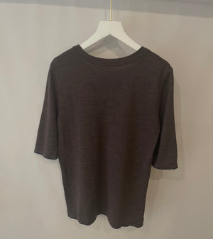 Chanel Brown Wool T-Shirt with CC Logo Embroidered Pocket Detail Size FR 36 (UK 8)