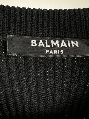 Balmain Black Ribbed Round Neck Ruched Long Sleeve Cardigan with Pearl Embellishment RRP £2,223