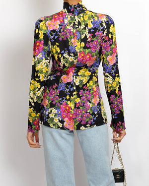 Dolce & Gabbana Black Silk Long-Sleeved Top with Multi-Colour Floral Print Size IT 40 (UK 8)