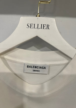 Balenciaga White T-Shirt with Navy Logo and Crest Print Size S (UK 8)