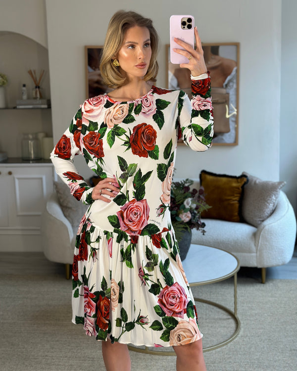 Dolce & Gabbana White Rose Print Long-Sleeved Swing Dress Size IT 46 (UK 14)
