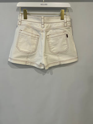 Chloe White Denim Shorts with Brown Stitching Detail Size FR 36 (UK 8) RRP £465