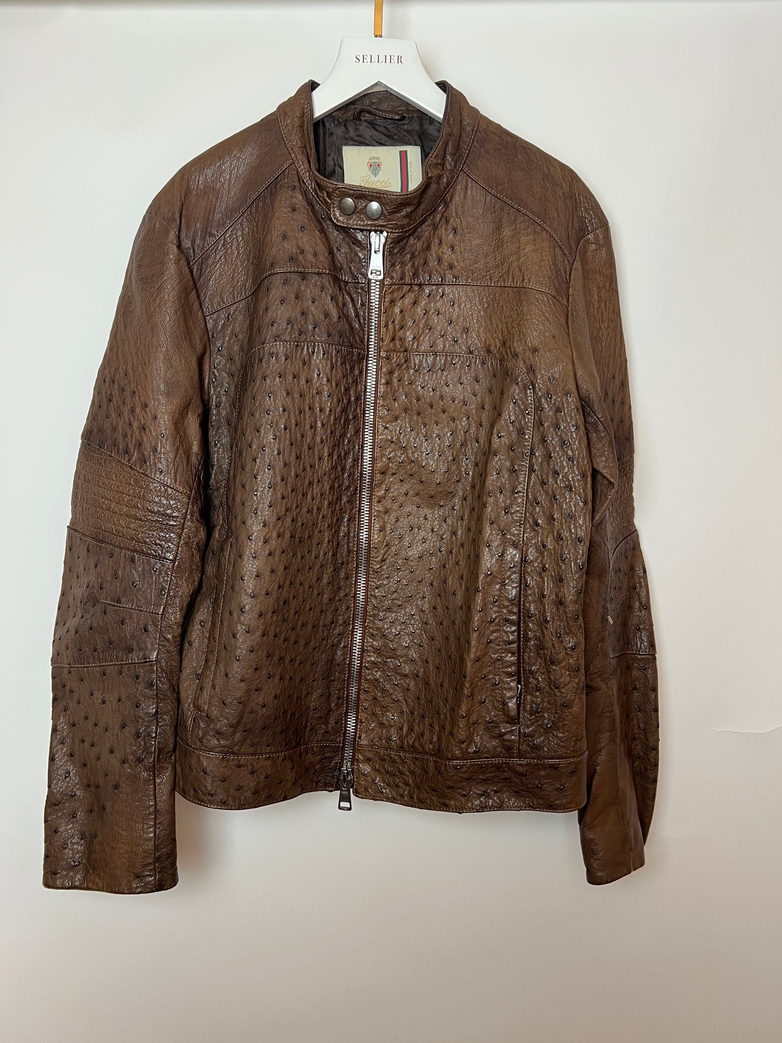 Gucci Vintage Menswear Brown Ostrich Leather Biker Jacket Size IT 