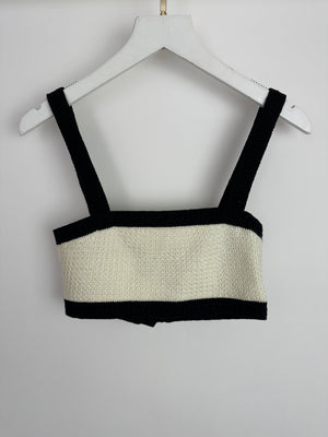Chanel 24P Cream & Black Tweed Short Sleeve Cardigan & Bralette Top with Black CC Buttons Detail Size FR 34 (UK 6)