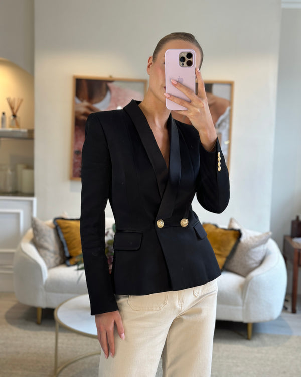 Balmain Black Blazer Jacket with Gold Buttons and Silk Trim Detail Size FR 38 (UK 10)