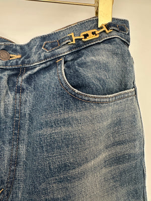 Celine Blue Washed Straight Leg Jeans with Triomphe Chain Waist Detail Size 31