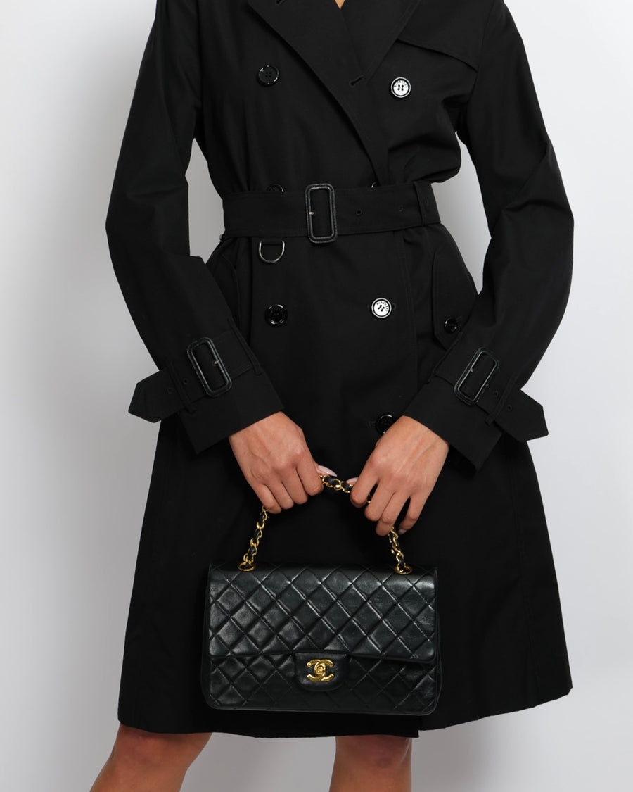 Burberry Black Trench Coat with Belt and Black Logo Button Details Size UK 8
