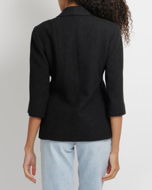 Chanel 12P Black Tweed Double-Breasted Jacket with Silver Front Pocket Patch CC Logo Embroidery and Silver Textured CC Logo Buttons Size FR 38 (UK 10)