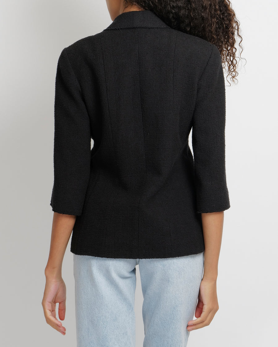 Chanel 12P Black Tweed Double-Breasted Jacket with Silver Front Pocket Patch CC Logo Embroidery and Silver Textured CC Logo Buttons Size FR 38 (UK 10)