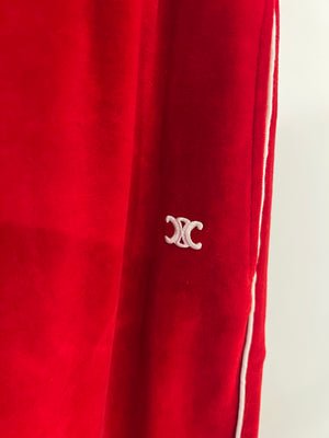 Celine Red Velours Tracksuit Trousers with White Details and Elasticated Waist with Embroidered Logo Detail Size M (UK 10)
