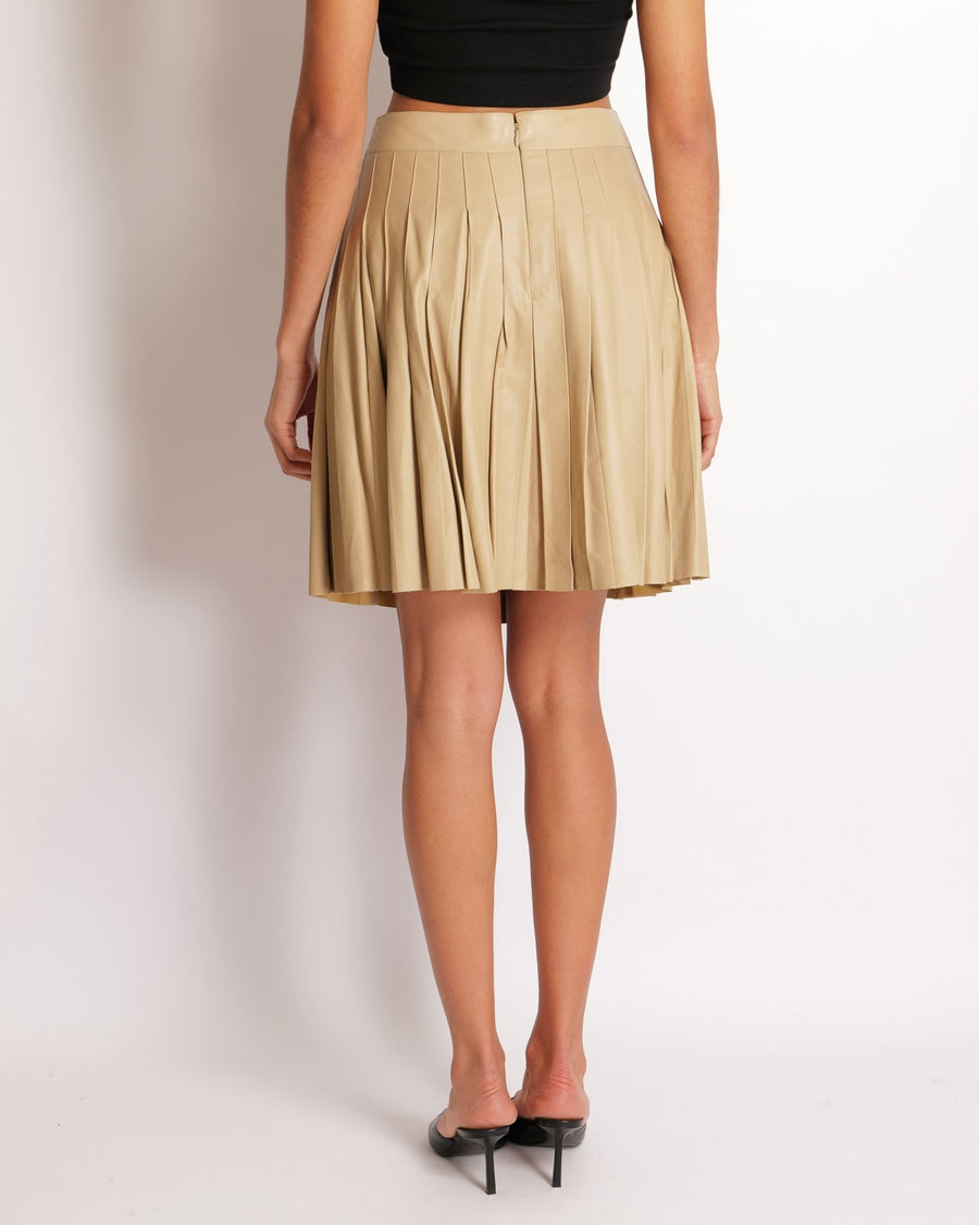 Chanel 05A Beige Leather Pleated Mini Skirt with Gold CC Logo Detail Size FR 42 (UK 14)