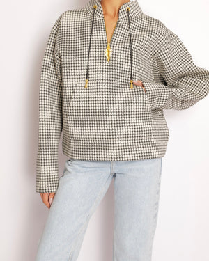 Schiaparelli Black and White Houndstooth Quarter Zip Sweater with Gold and Crystal Embellished Lip Zipper Detail Size M (UK 10)