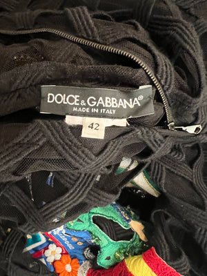 Dolce & Gabbana Black Mesh Caged Midi Dress with Multi-Colour Beach Themed Embellishments, 42 UK 10