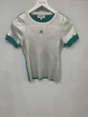 Chanel Cruise 2025 Silver Metallic and Green Ribbed Short-Sleeve Top with Crystal CC Logo Detail Size FR 40 (UK 12)