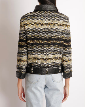 Chanel Métiers d'Art 2019 Black, White and Gold Tweed Jacket with Gold Sequin Embellishments and Leather Belt Detail with Black and Gold CC Logo Buttons Size FR 38 (UK 10)