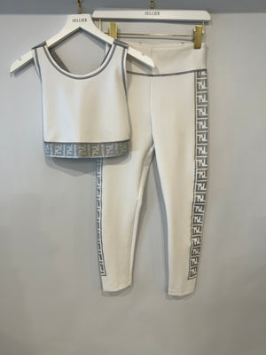 Fendi White Top and Leggings Sports Set with Silver Metallic Logo Details Size UK 8/UK 10