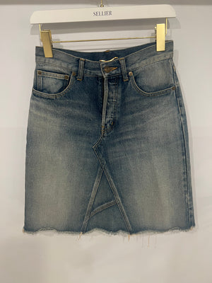 Saint Laurent Denim Mini Skirt with Asymmetric Stitch Details Size 26 (UK 8)