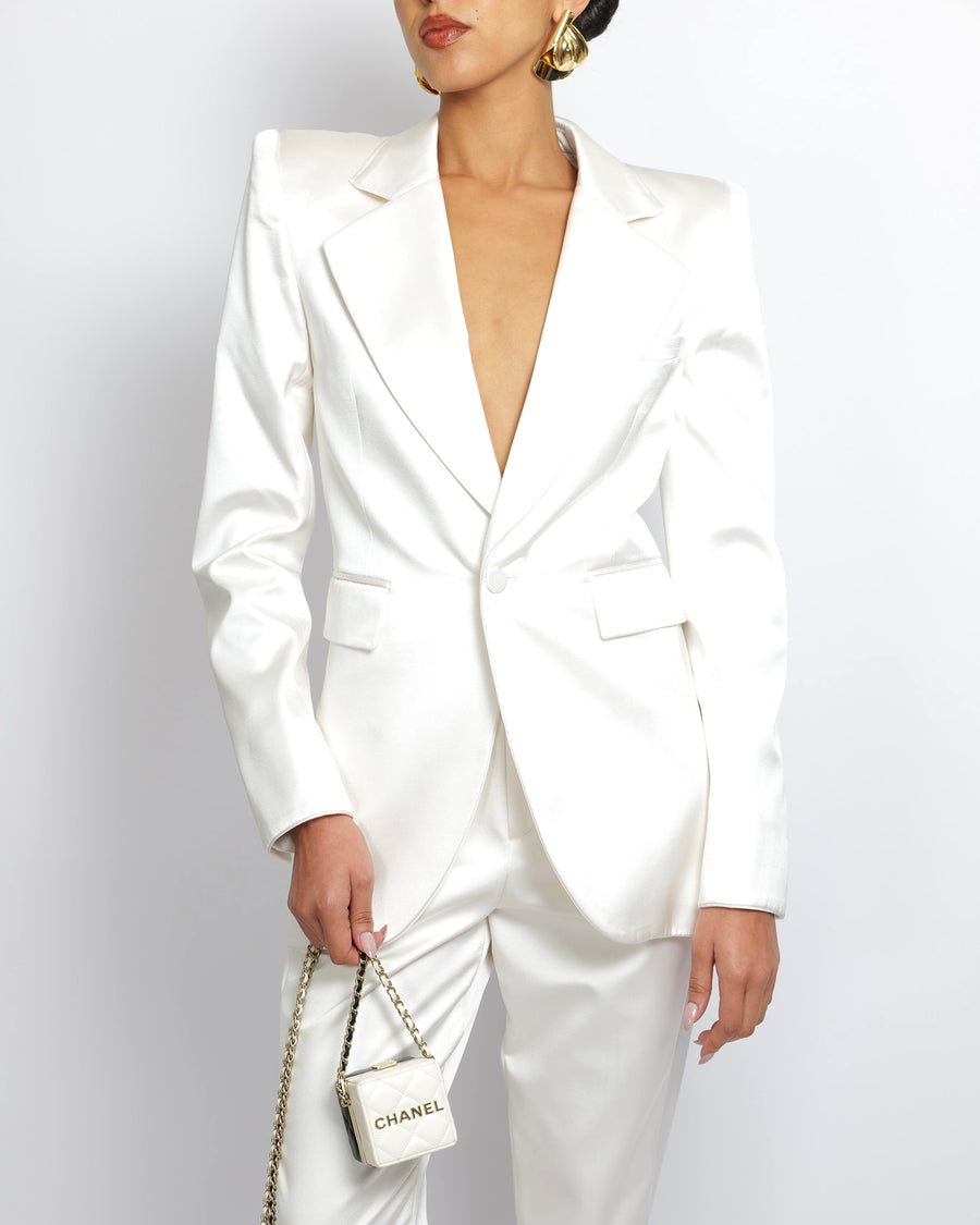 Saint Laurent White Silk Jacket and Trouser Suit Set Size FR 38 (UK 10)