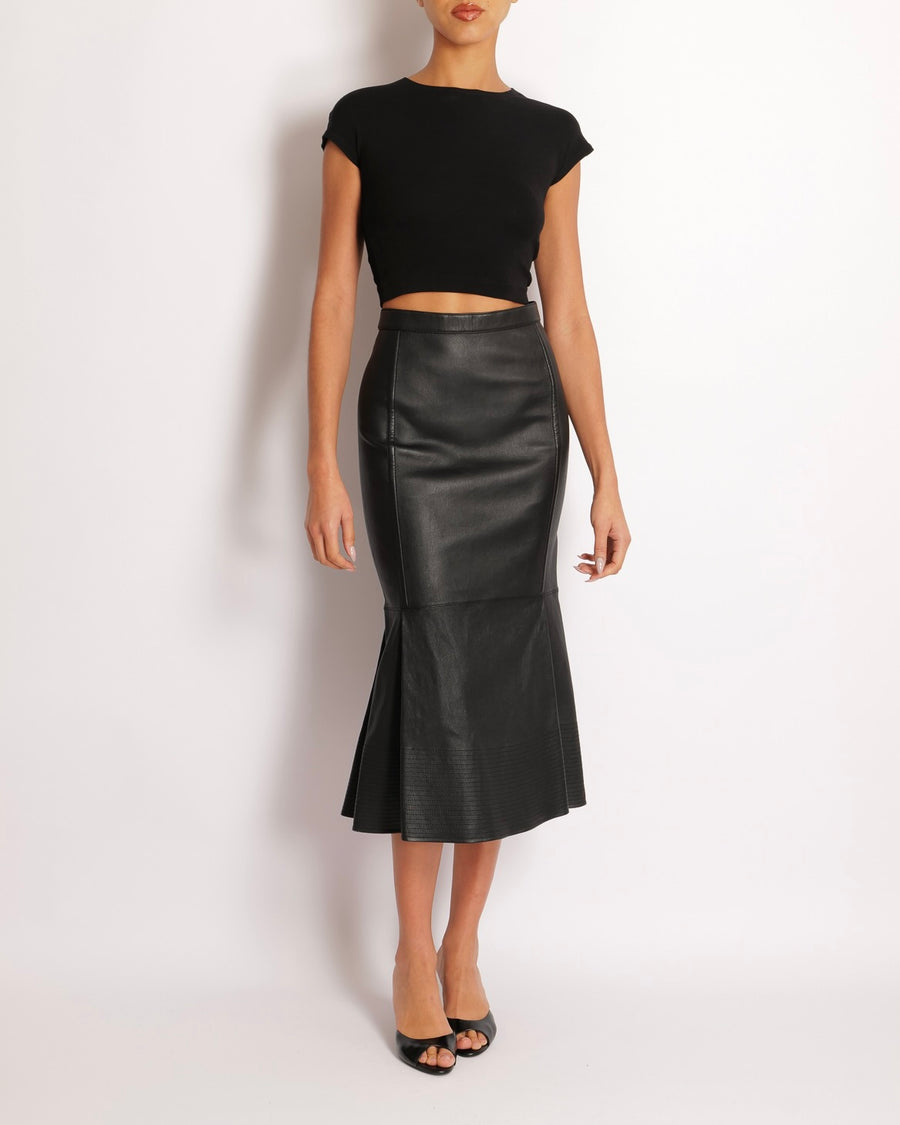 Valentino Black Lambskin Leather Midi Skirt with Bottom Stitch Detail Size IT 40 (UK 8)
