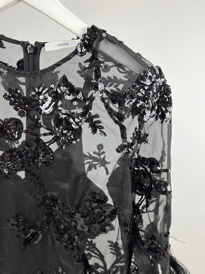 Erdem Black Silk Embellished Mini Dress with Cropped Sleeves and Feather Cuff Detail IT 40 (UK 8)