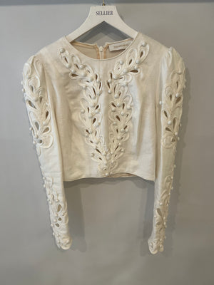 Zimmermann White Linen Long Sleeved Top with Embroideries and Bead Details Size 1 (UK 10)