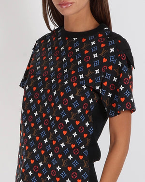 Louis Vuitton Black Game-On T-Shirt with Multi-Colour Monogram Pattern and Red Heart Motif with Silver Stud Details Size S (UK 8)