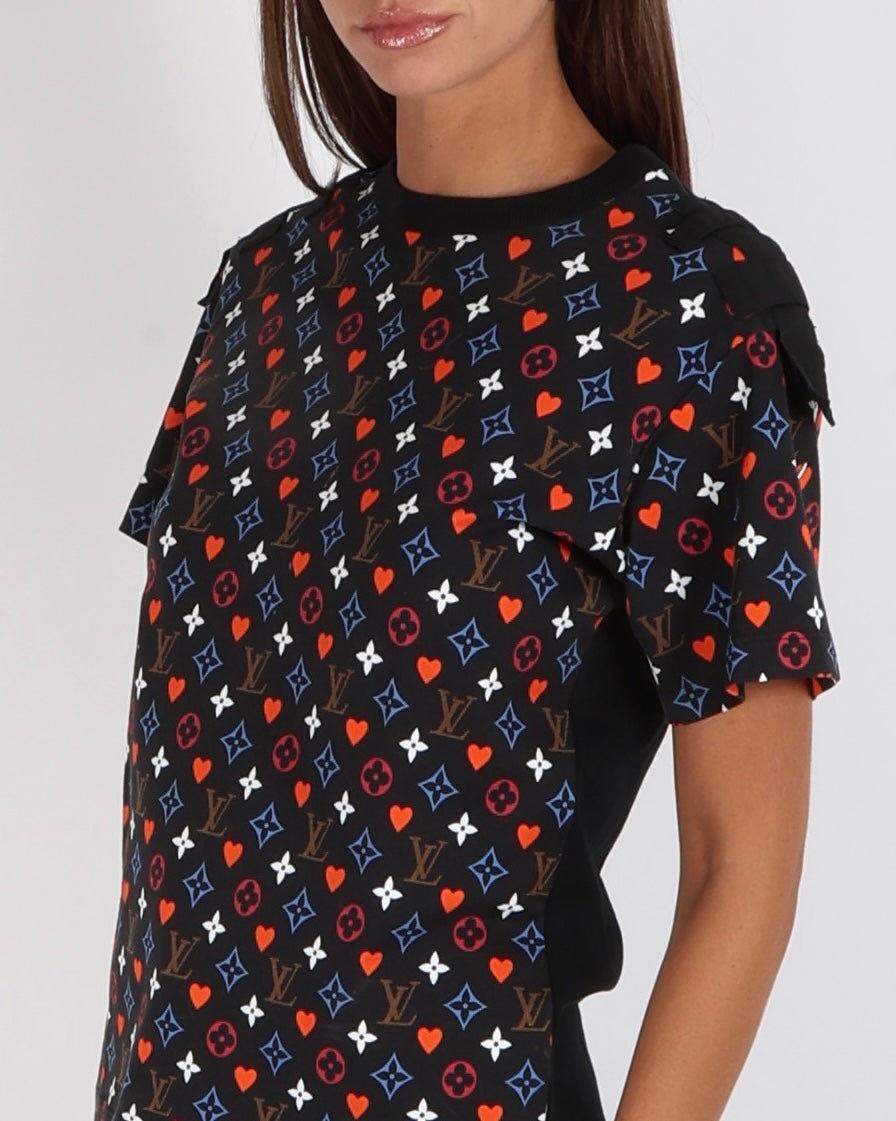 Louis Vuitton Black Game-On T-Shirt with Multi-Colour Monogram Pattern and Red Heart Motif with Silver Stud Details Size S (UK 8)