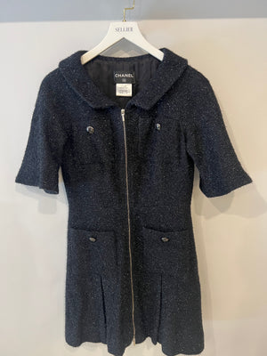 Chanel Black Shimmery Mini Dress with Silver Zip and Globe CC Buttons Detail Size FR 36 (UK 8)