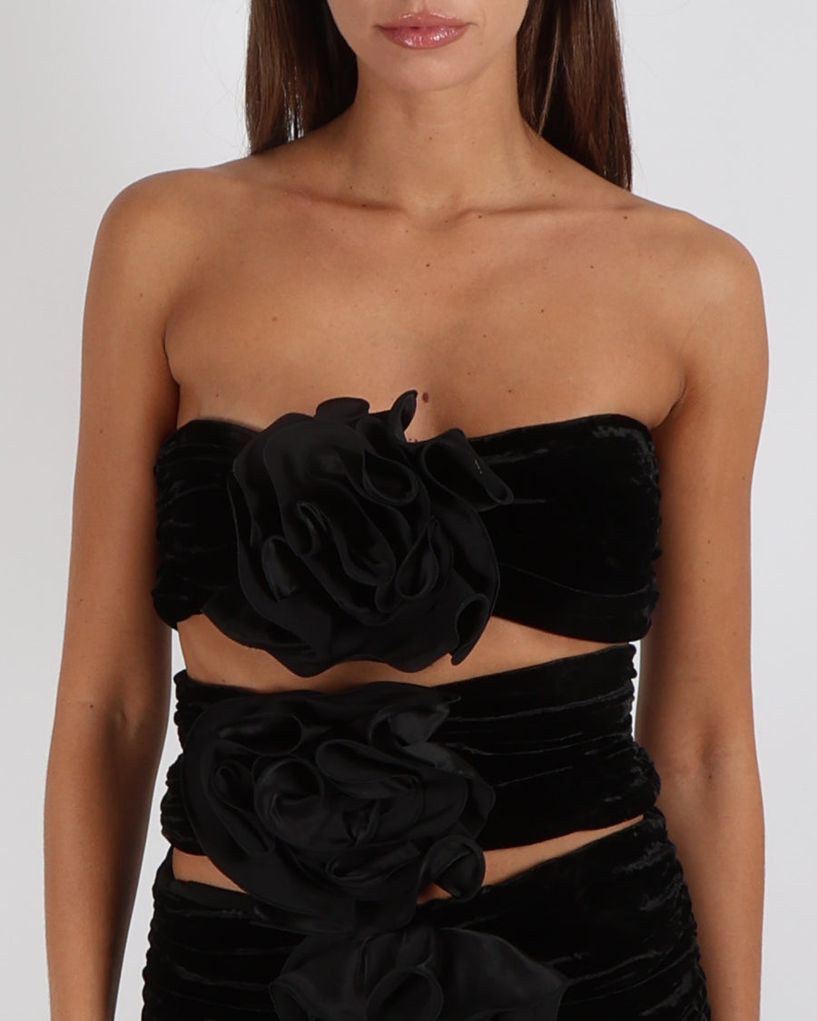 Magda Butrym Black Velours Strapless Cut-Out Mini Dress with Rose Appliques Size FR 38 (UK 10) £1,650