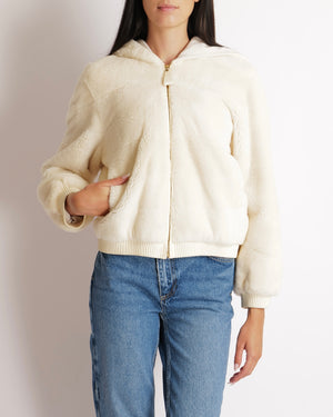 Hermès Cream Cashmere and Shearling Zip Up Hooded Jacket with Leather Cuff and Waistband Details Size FR 36 (UK 8) RRP £13,750