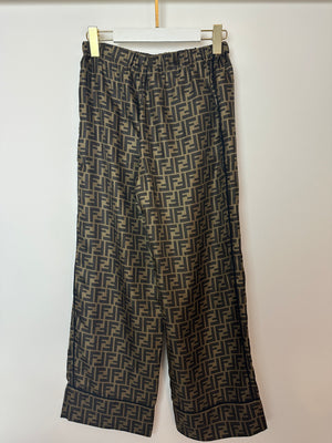 (NEEDS DRY CLEANING AFTER SHOOT) Fendi FF-Motif Printed Trousers in Brown Silk Size IT 38 (UK 6)